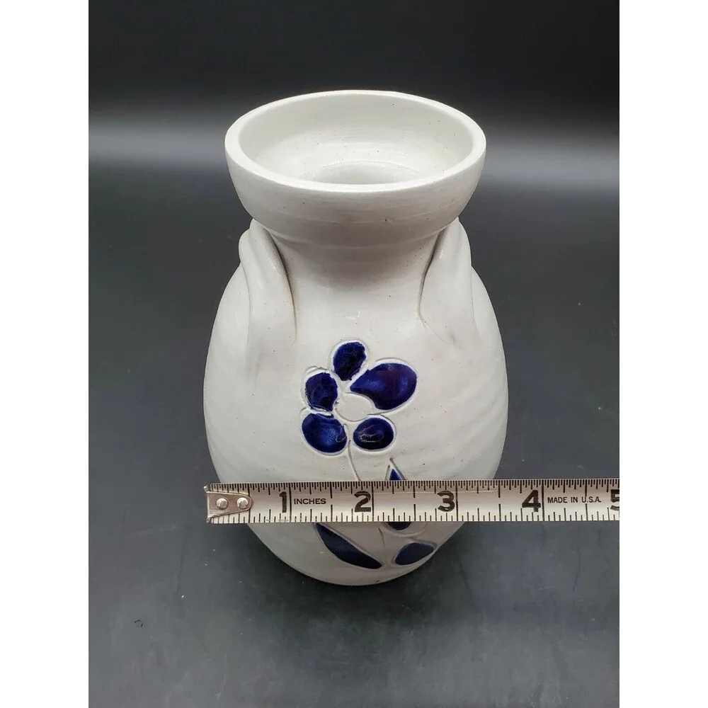 Vintage Williamsburg Pottery of Virginia Vase with Single Blue Flower